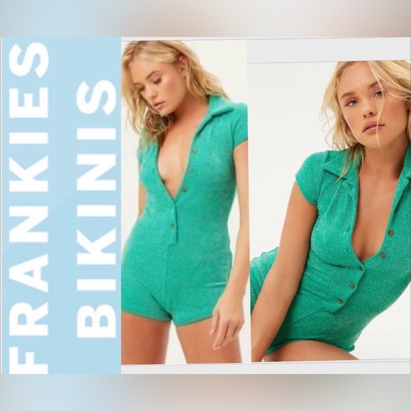 Frankies BIKINIS Romper Womens Small Rose TERRY SPARKLE Green Mistletoe Sexy - Picture 1 of 8